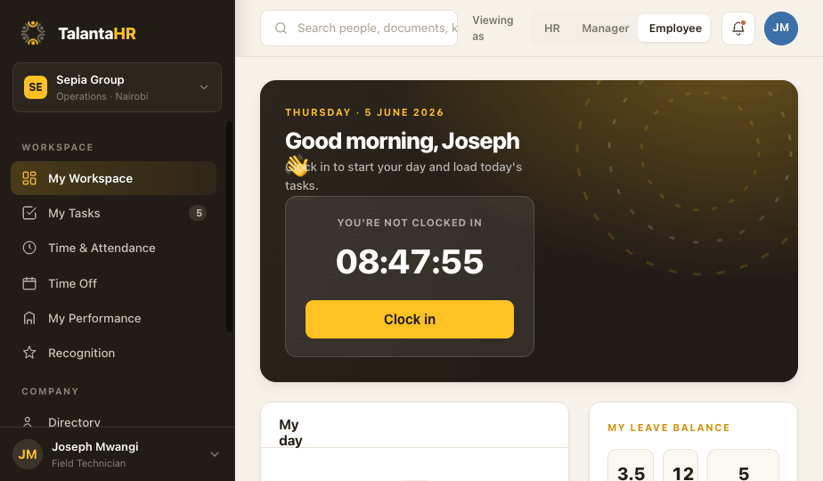 TalantaHR employee self-service dashboard showing clock-in, tasks, leave balance and announcements