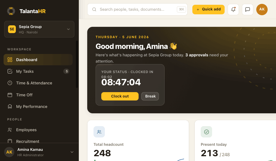 TalantaHR HR administrator dashboard showing headcount, attendance and a live approvals queue