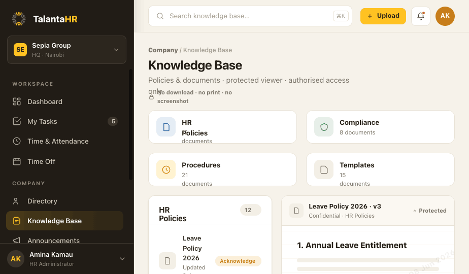 TalantaHR knowledge base with a protected document viewer that logs every open