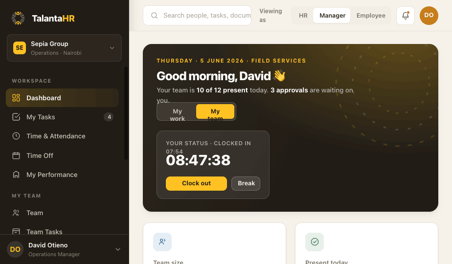 TalantaHR manager dashboard scoped to one team, showing approvals and team attendance