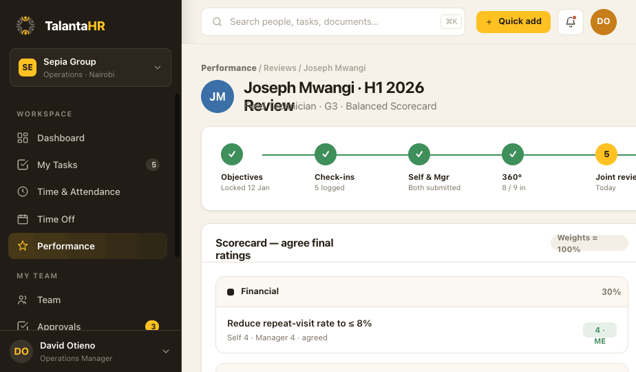 TalantaHR performance module showing a balanced scorecard review cycle and ratings