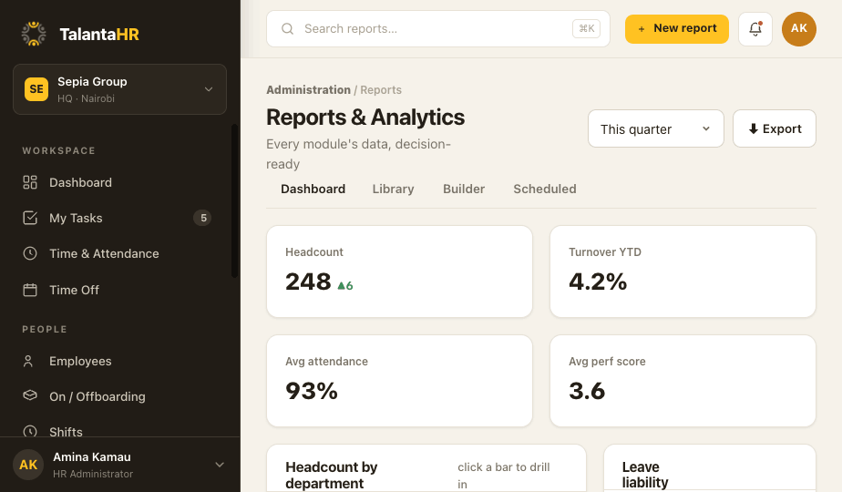 TalantaHR reporting and analytics dashboard with workforce metrics and drill-down