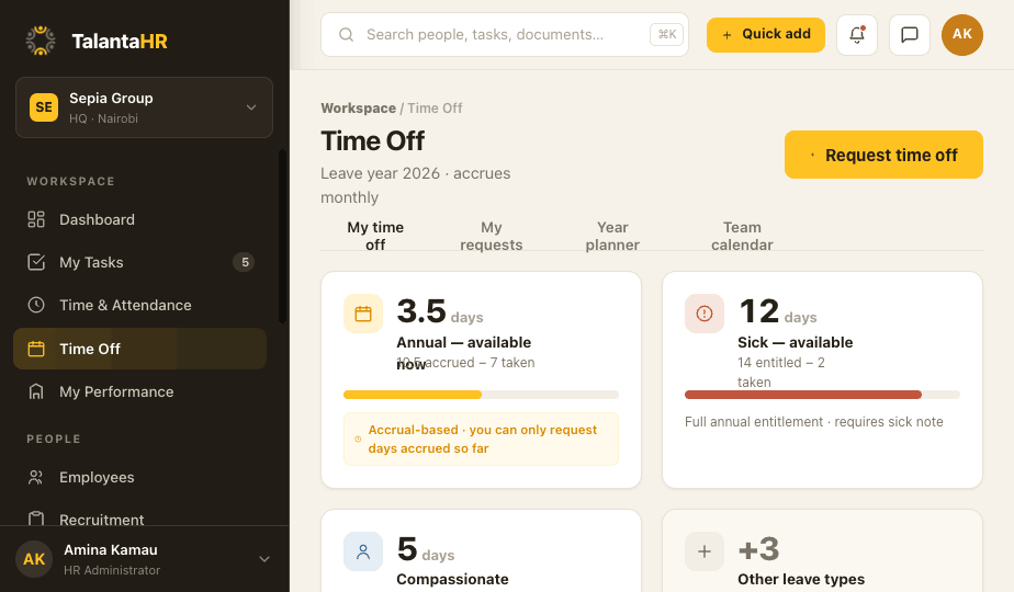 TalantaHR time off screen showing leave balances, a request form and an approval queue